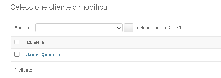 Esto me representa el objeto de clientes y solo muestra el nombre, dado que es lo que se le indicó en el modelo de Cliente, mediante el método: